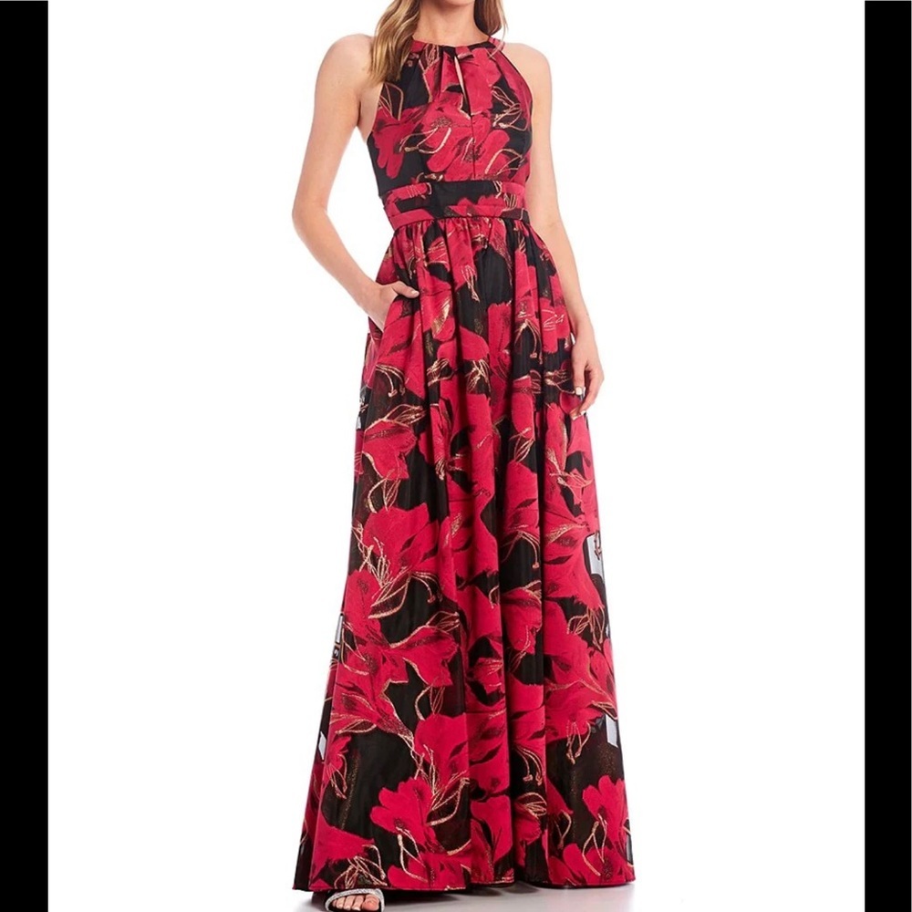 Calvin Klein Sleeveless Halter Ballgown Hibiscus Pink Floral Size 10